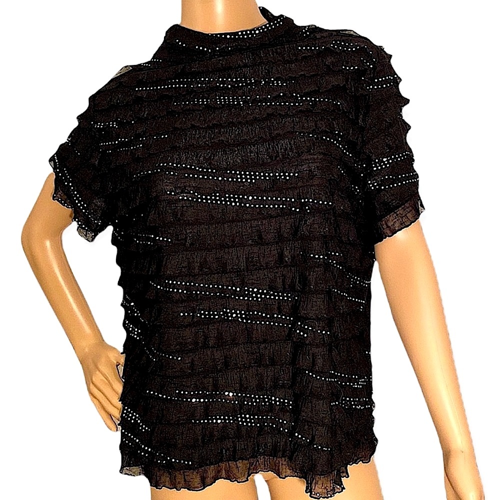 🆕 TANJAY  | BLACK/WHITE WALL’ RUFFLE SPARKLY BLACK SEQUIN TOP PETITE LARGE